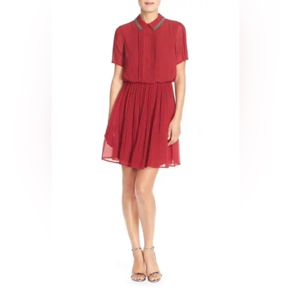 Marc New York CABERNET Short Sleeve Embellished Neck Shirt Dress EUC Size - 2